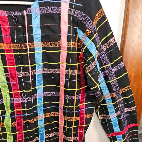 VTG 90s Michael Simon Lite Womens Cardigan Ribbon Plaid Sz Medium 100% Cotton - Picture 4 of 12